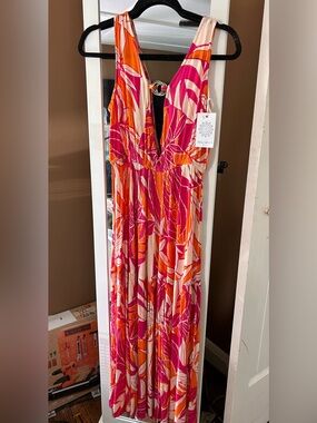 blue island Pink & Orange Tropical Print Maxi Dress, NWT